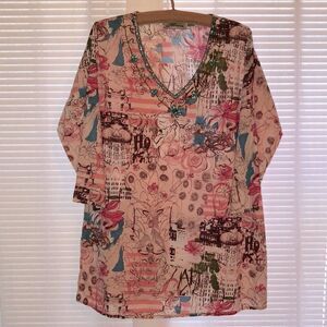Henna L Cotton Pink City Scapes Floral Swim Tunic Cover Up